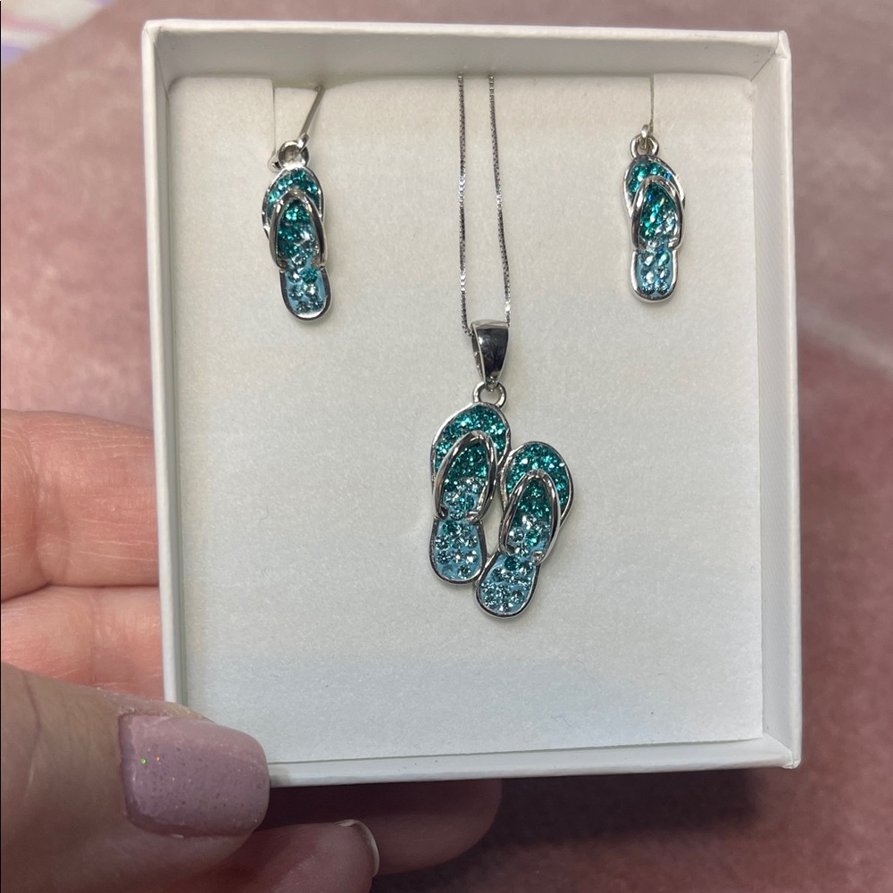 Sterling Silver and Blue Flip Flop Necklace and Earring Set BNWOT